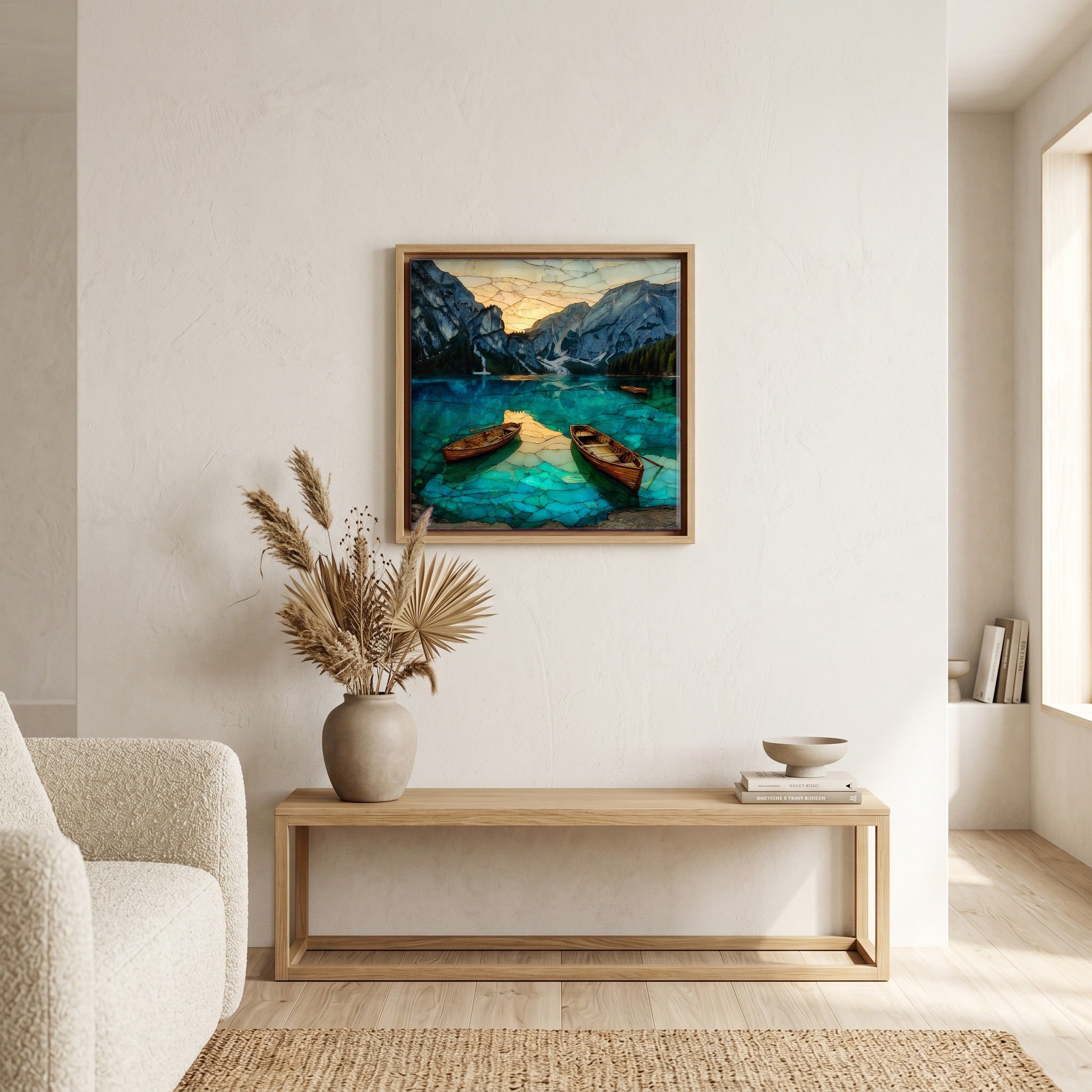 Above the bench, in a warm oak surround.