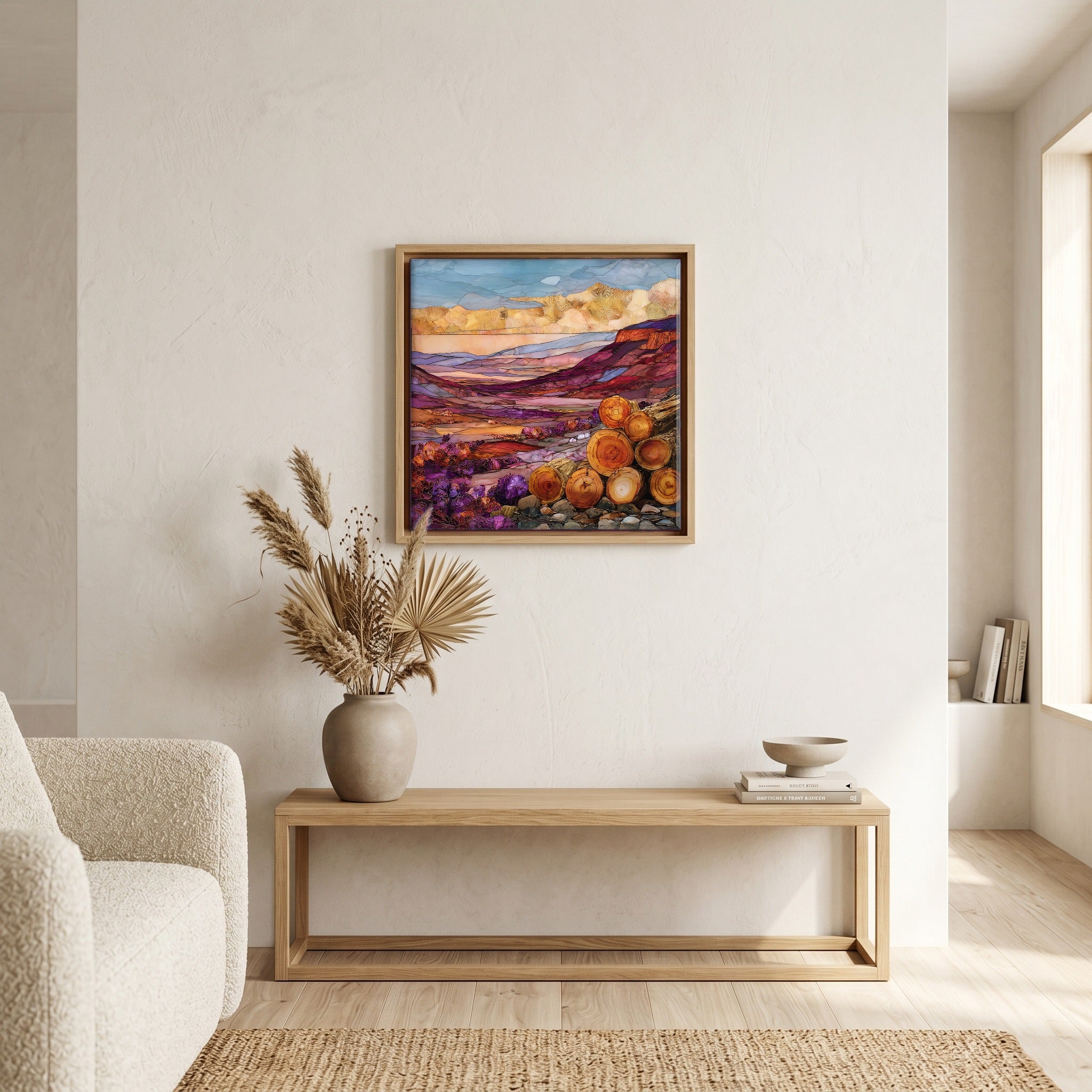 In the living room, above the sofa.