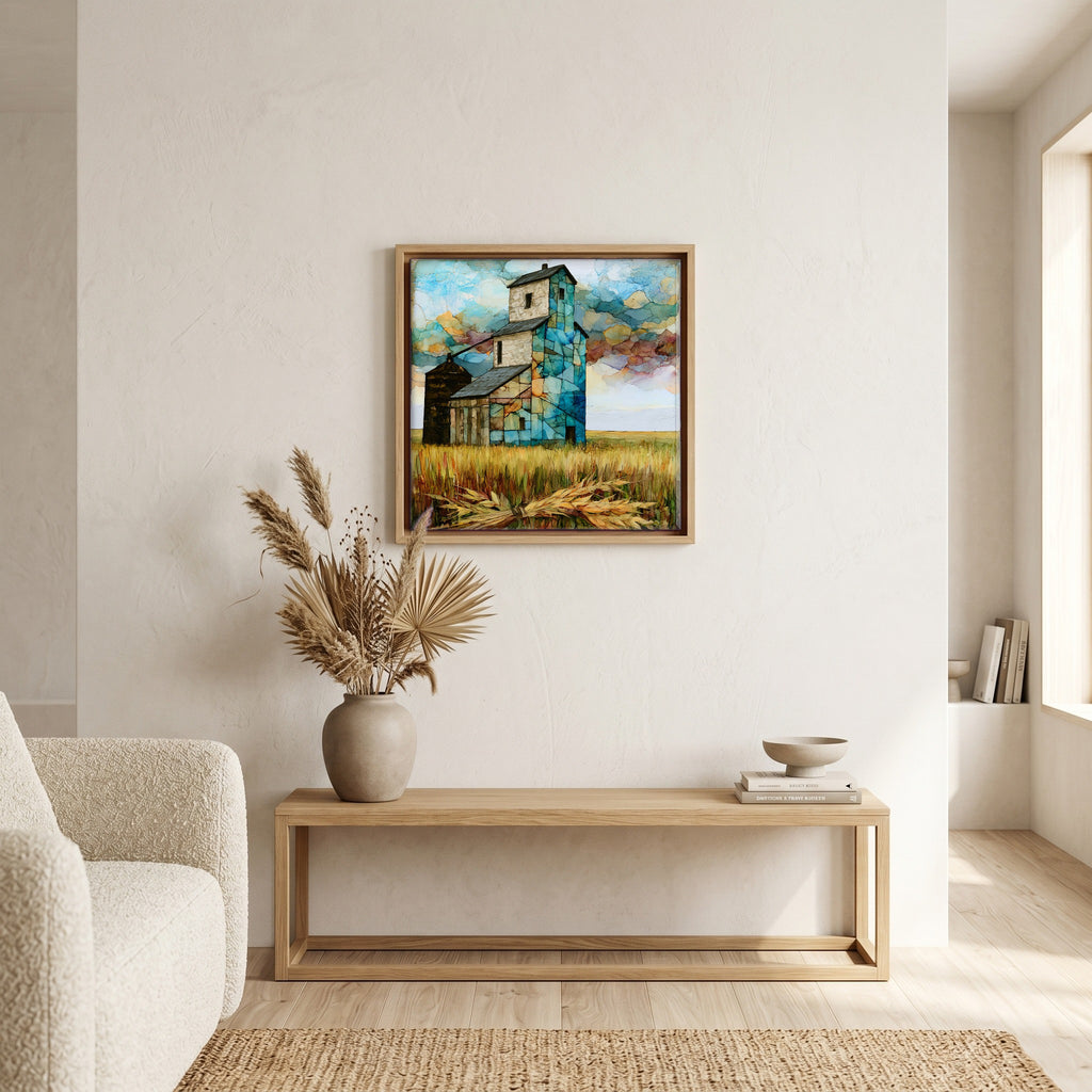 In the living room, above the sofa.