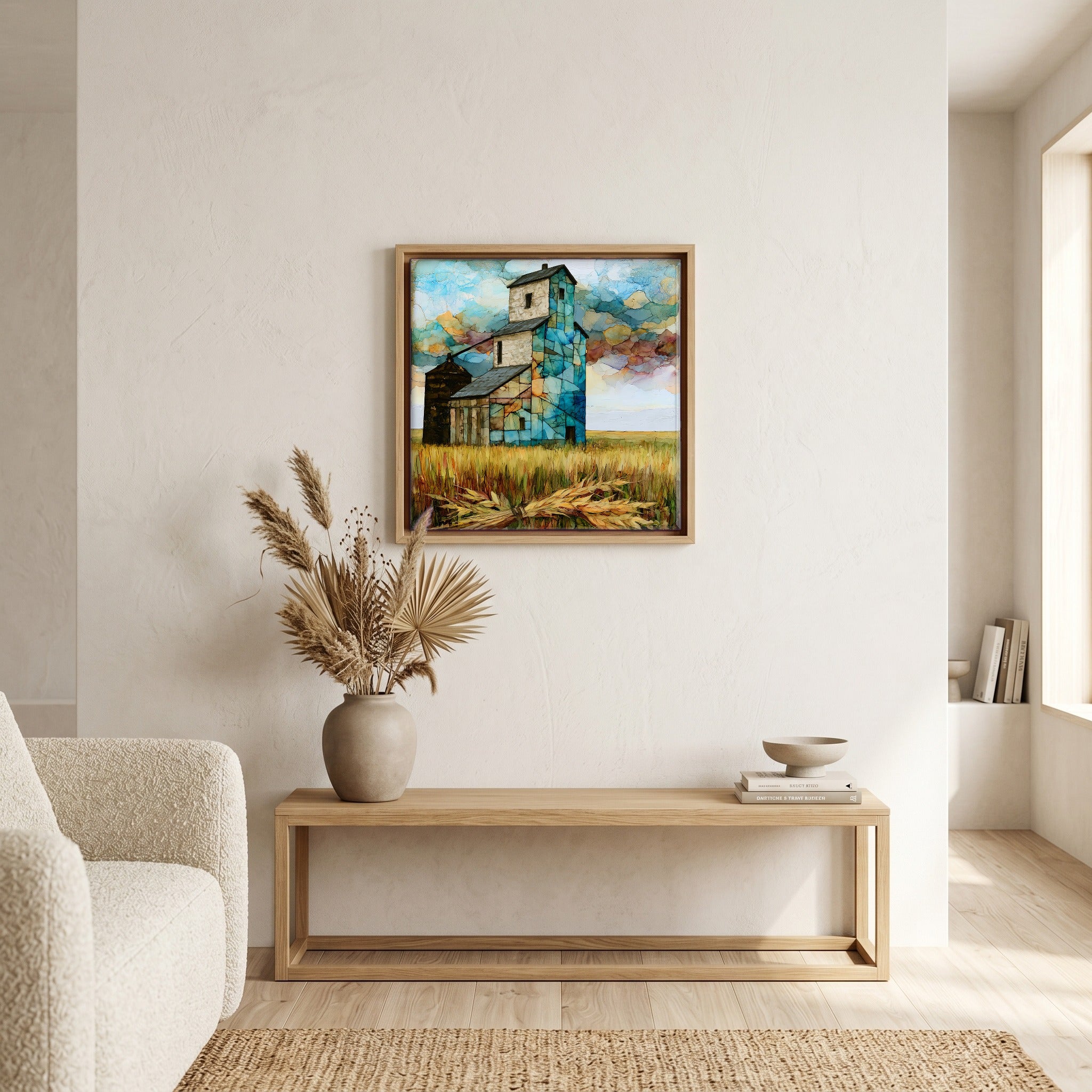 In the living room, above the sofa.