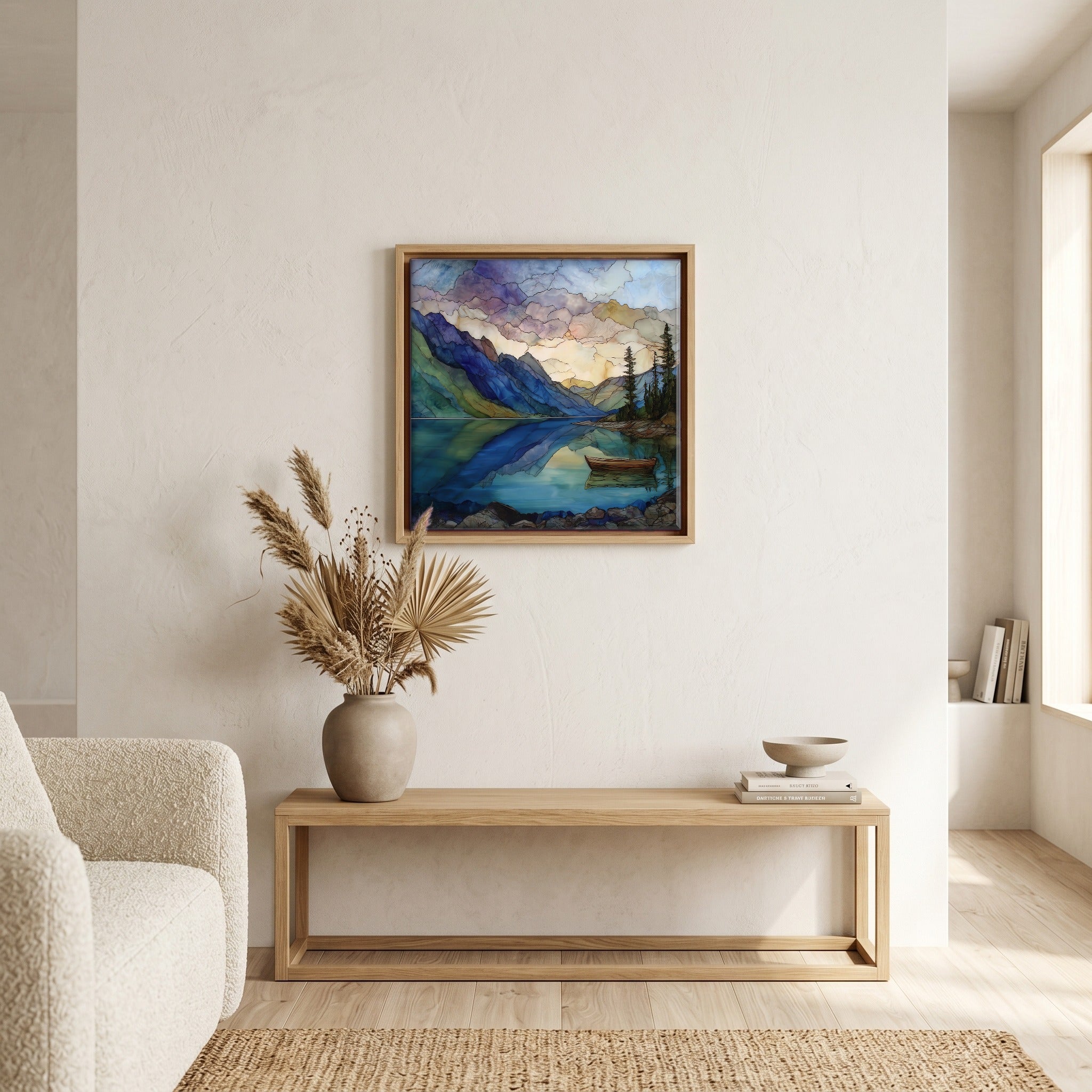 In the living room, above the sofa.