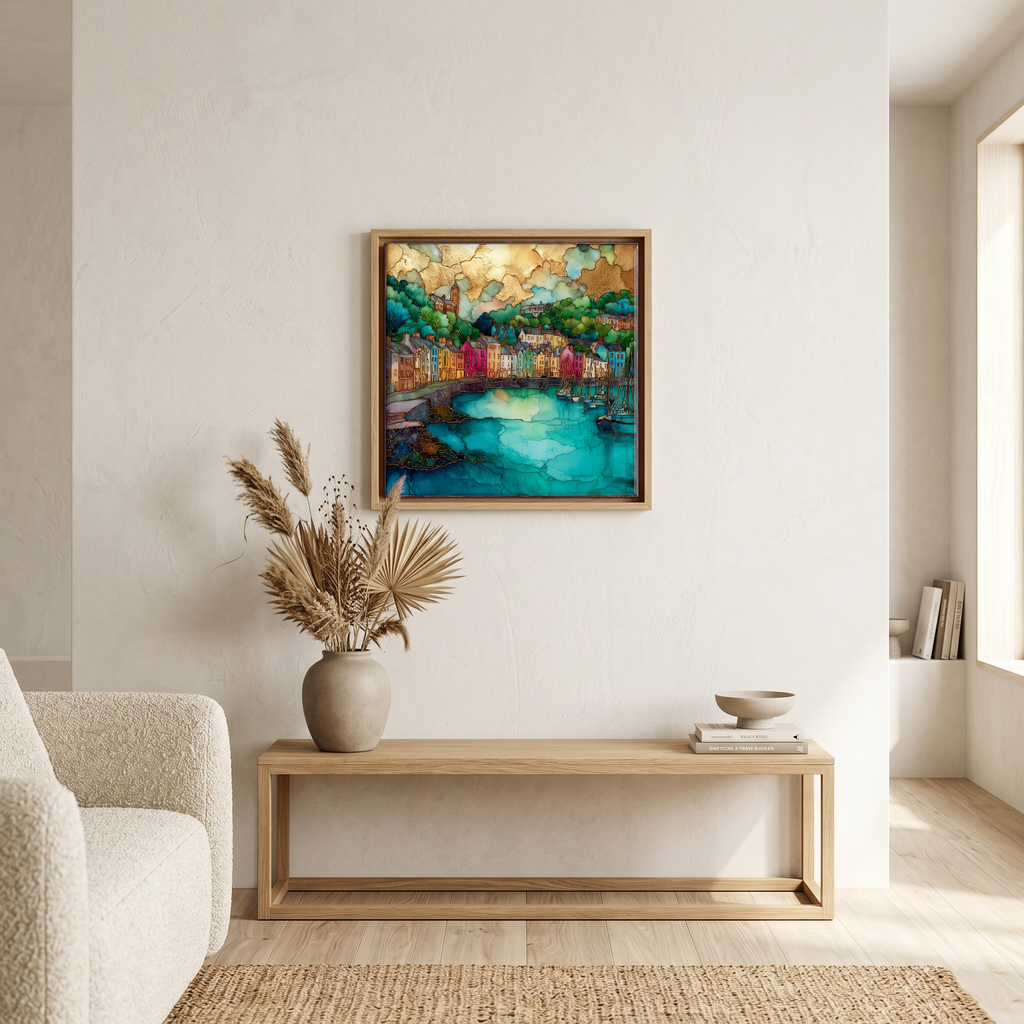Above the bench, in a warm oak surround.