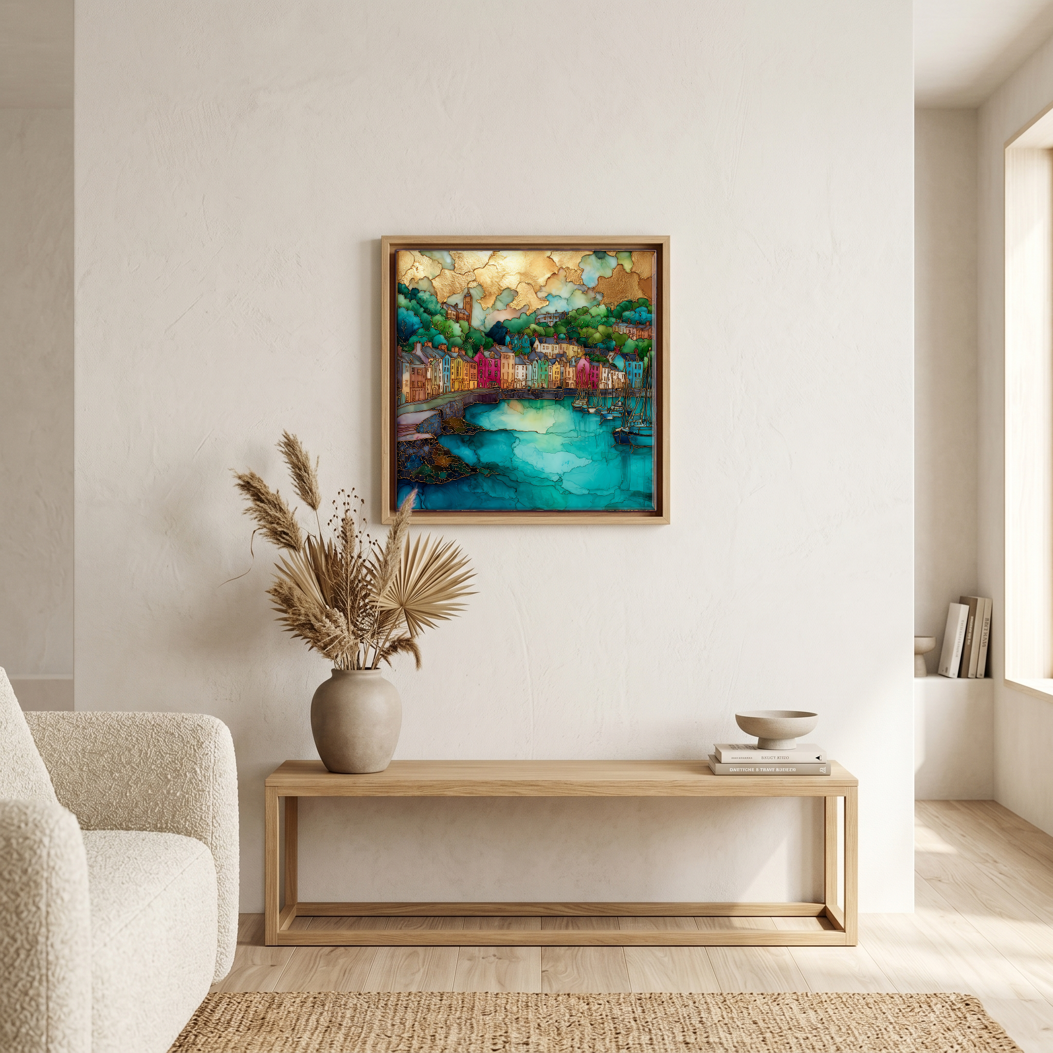 Above the bench, in a warm oak surround.