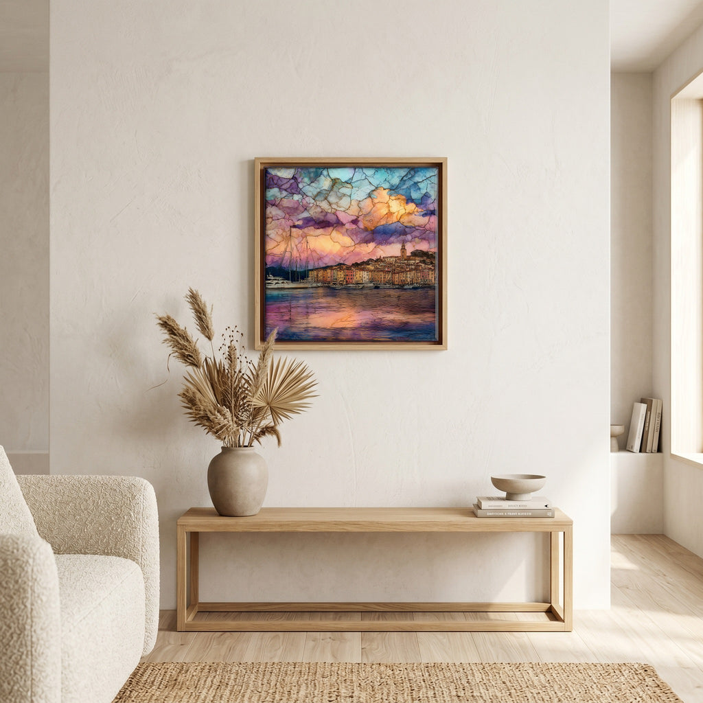 Above the bench, in a warm oak surround.