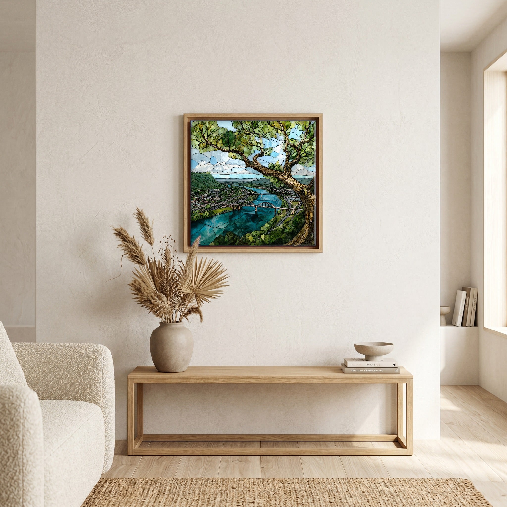 In the living room, above the sofa.