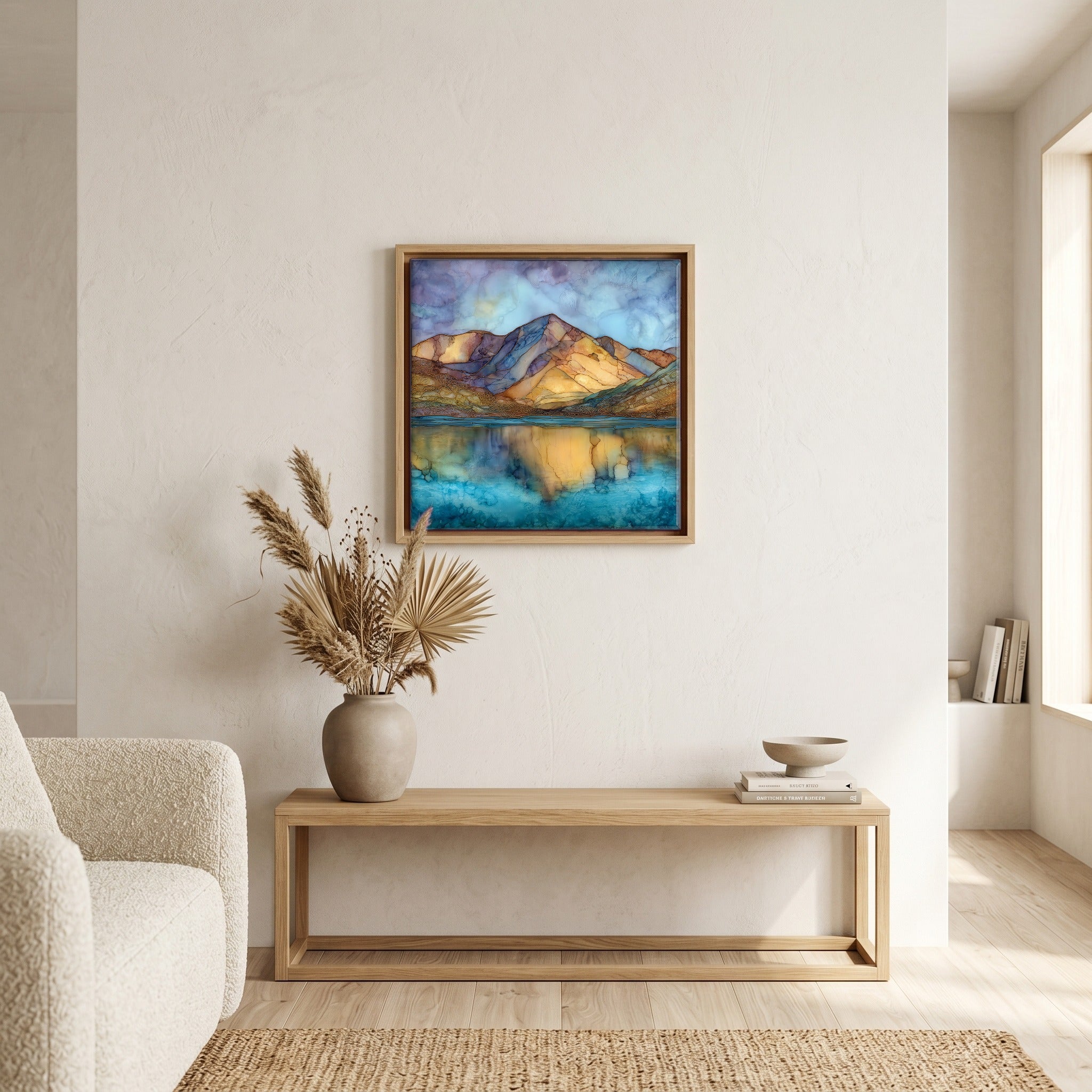 Above the bench, in a warm oak surround.