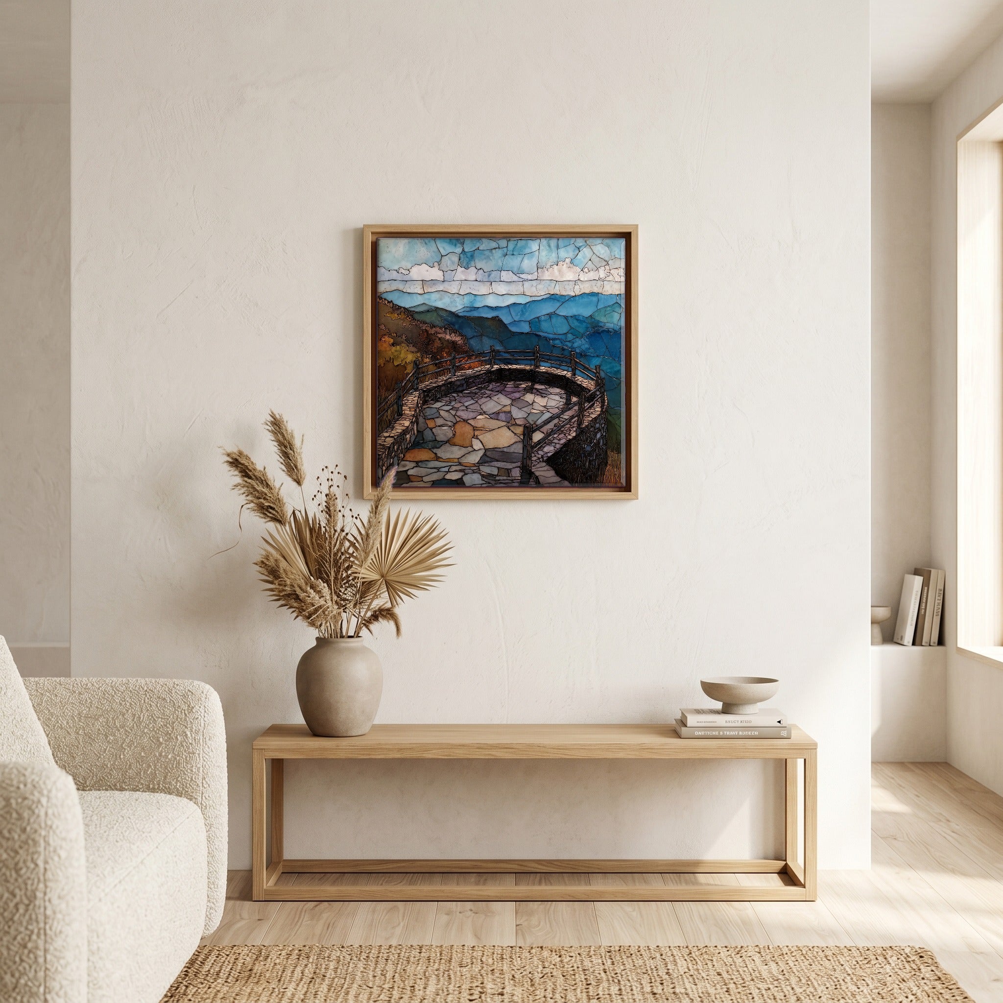 In the living room, above the sofa.