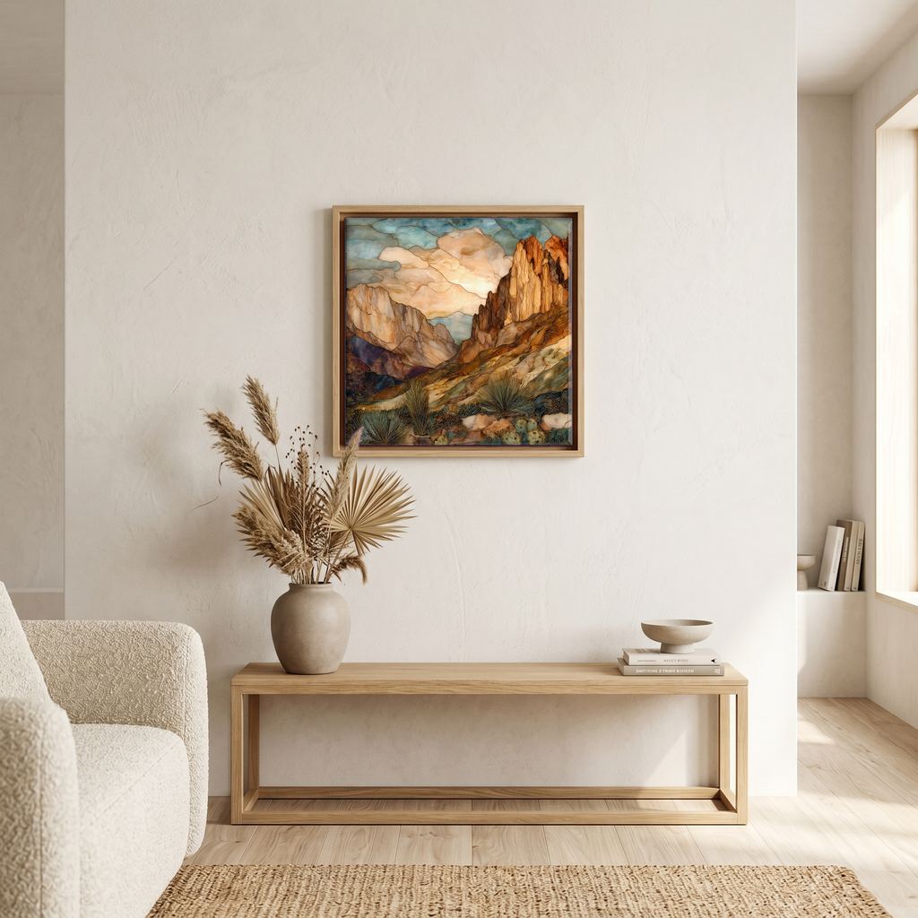 Above the bench, in a warm oak surround.