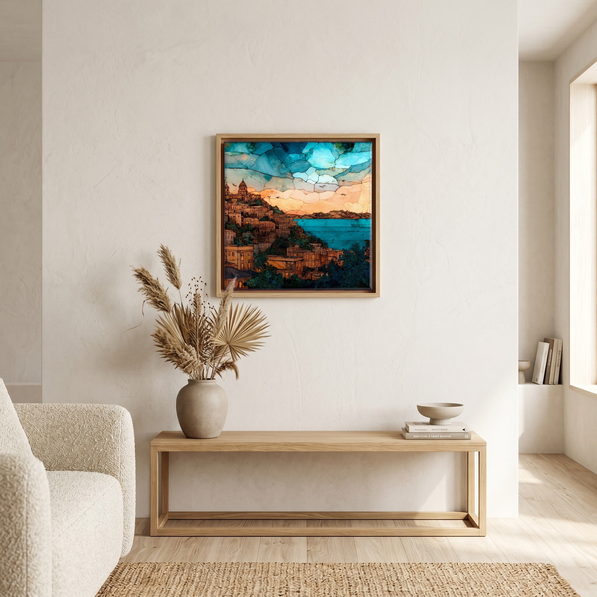 Above the bench, in a warm oak surround.