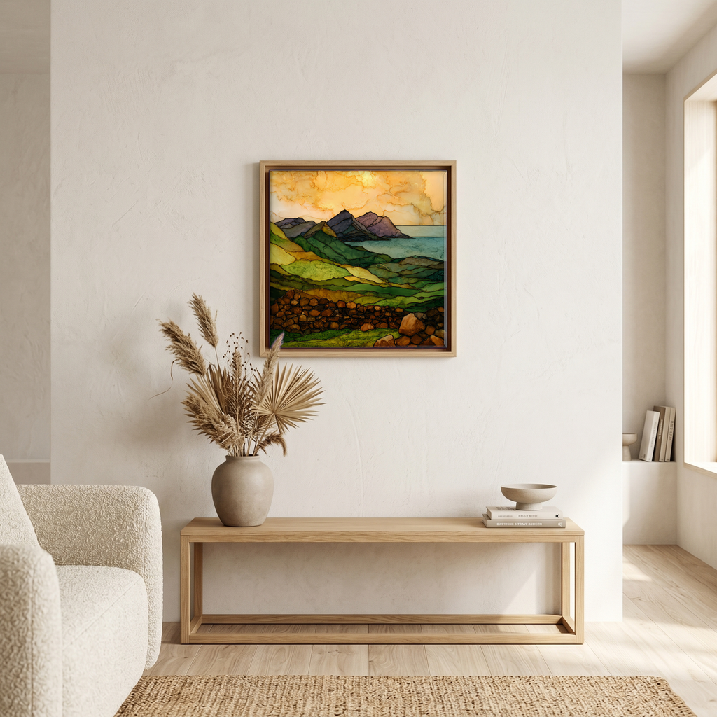 Above the bench, in a warm oak surround.