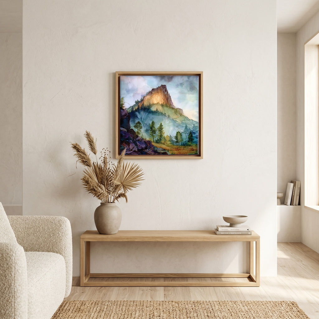 In the living room, above the sofa.