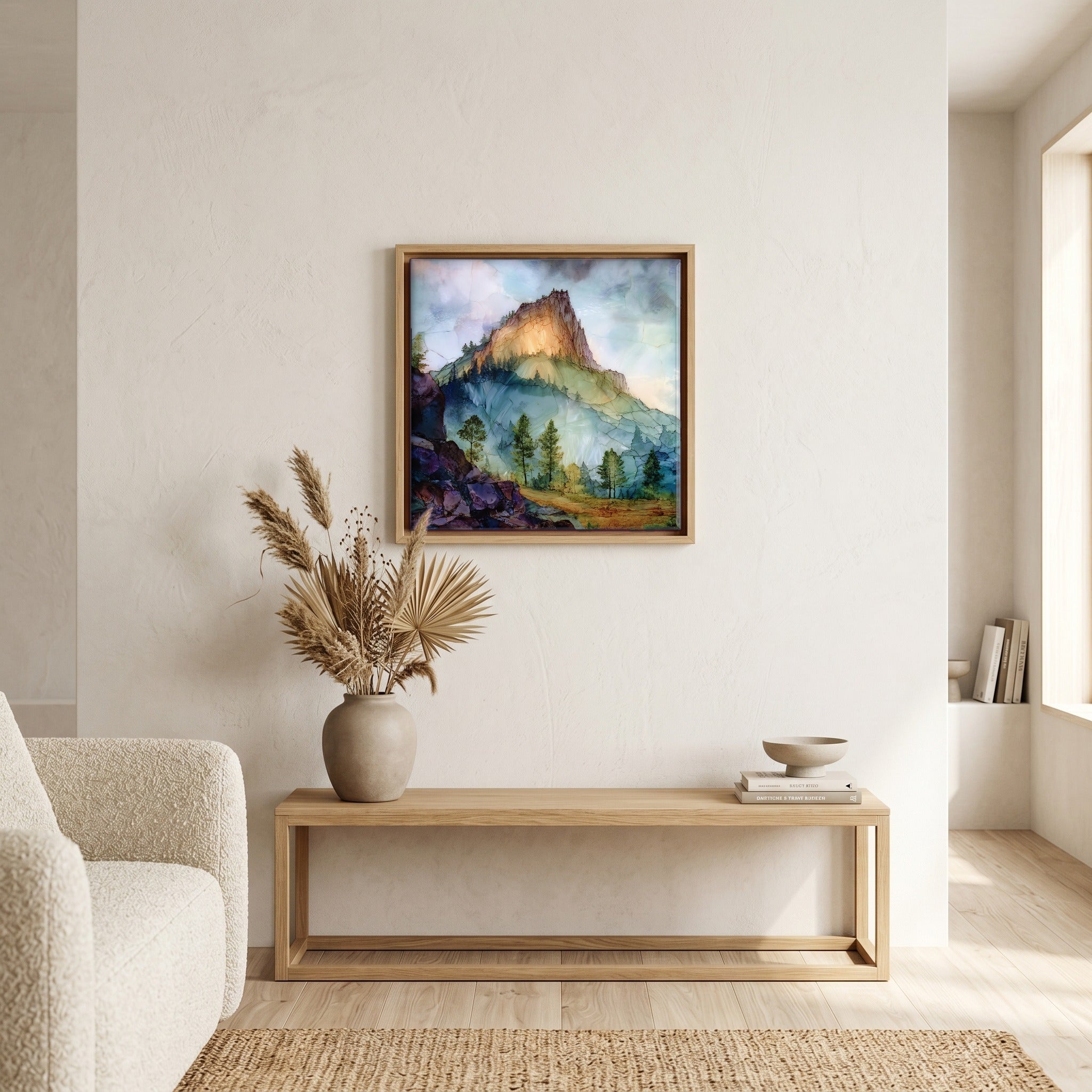 In the living room, above the sofa.