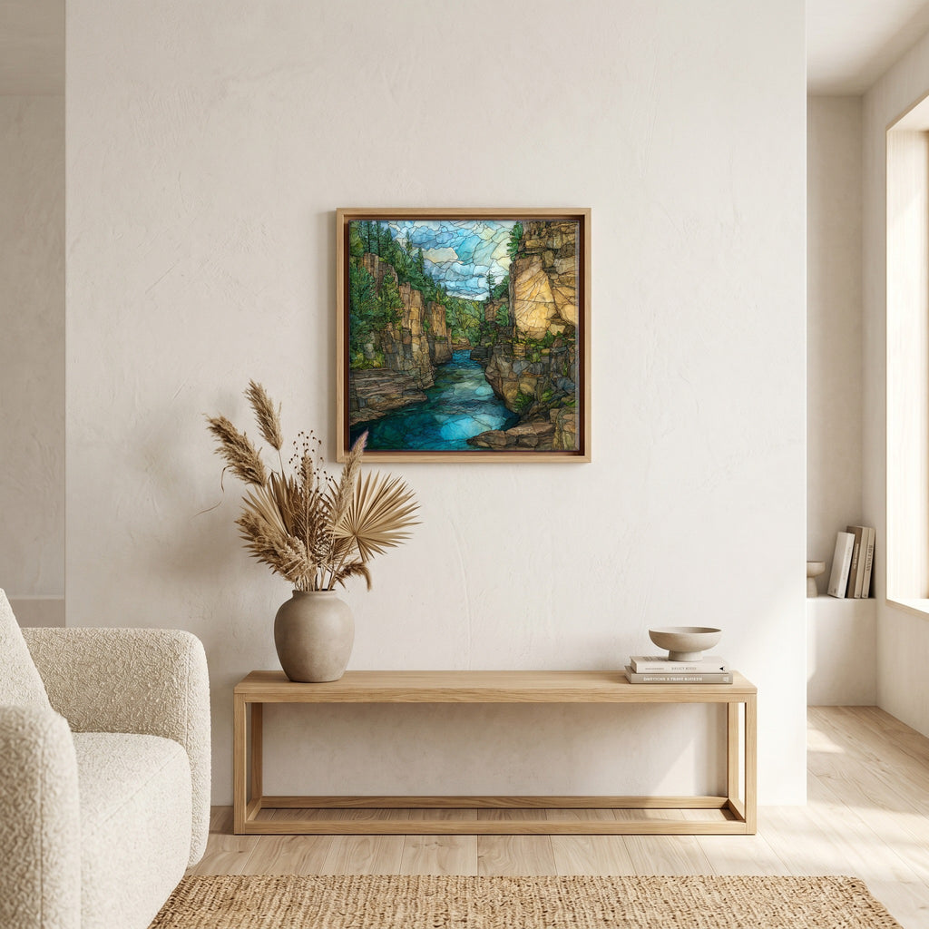 In the living room, above the sofa.