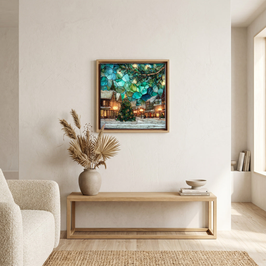 In the living room, above the sofa.