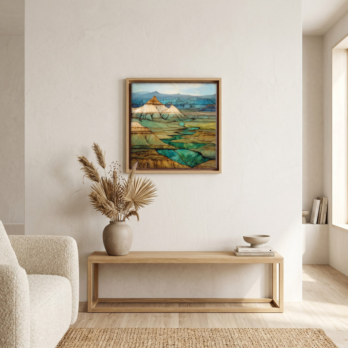 In the living room, above the sofa.