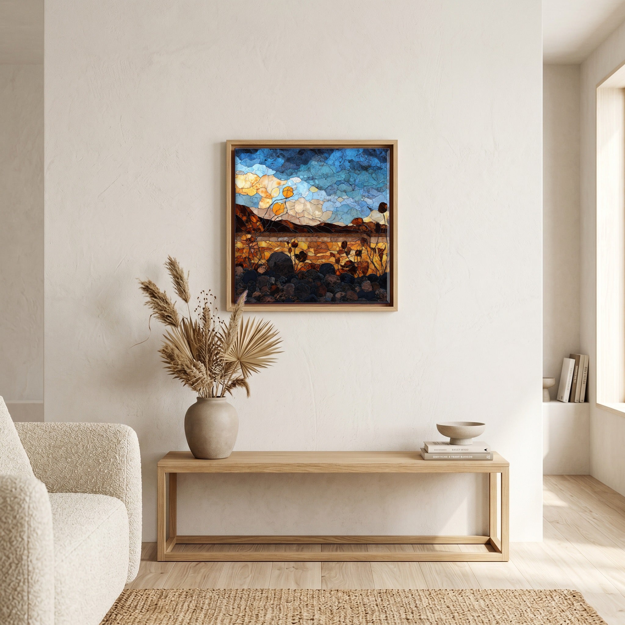 In the living room, above the sofa.