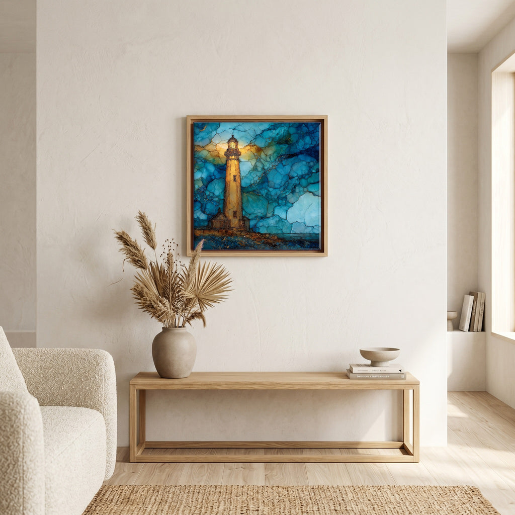 Above the bench, in a warm oak surround.