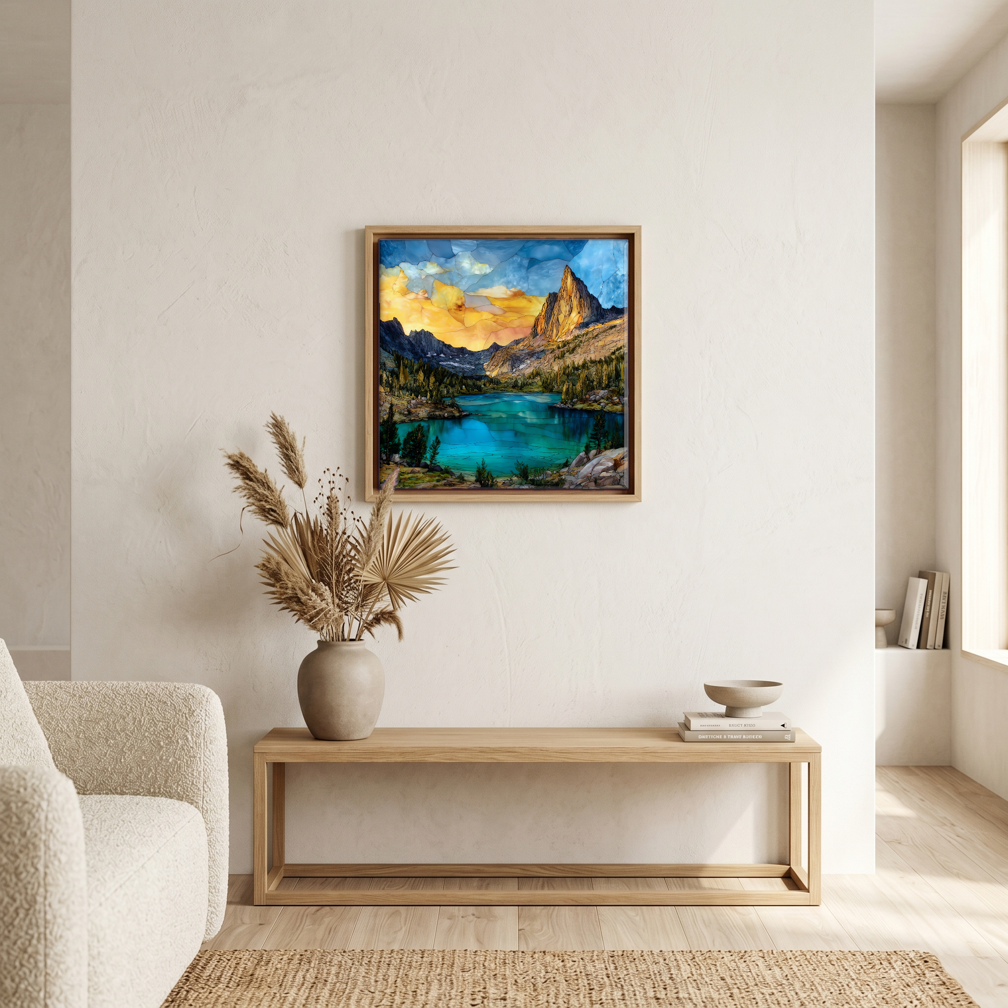 Above the bench, in a warm oak surround.