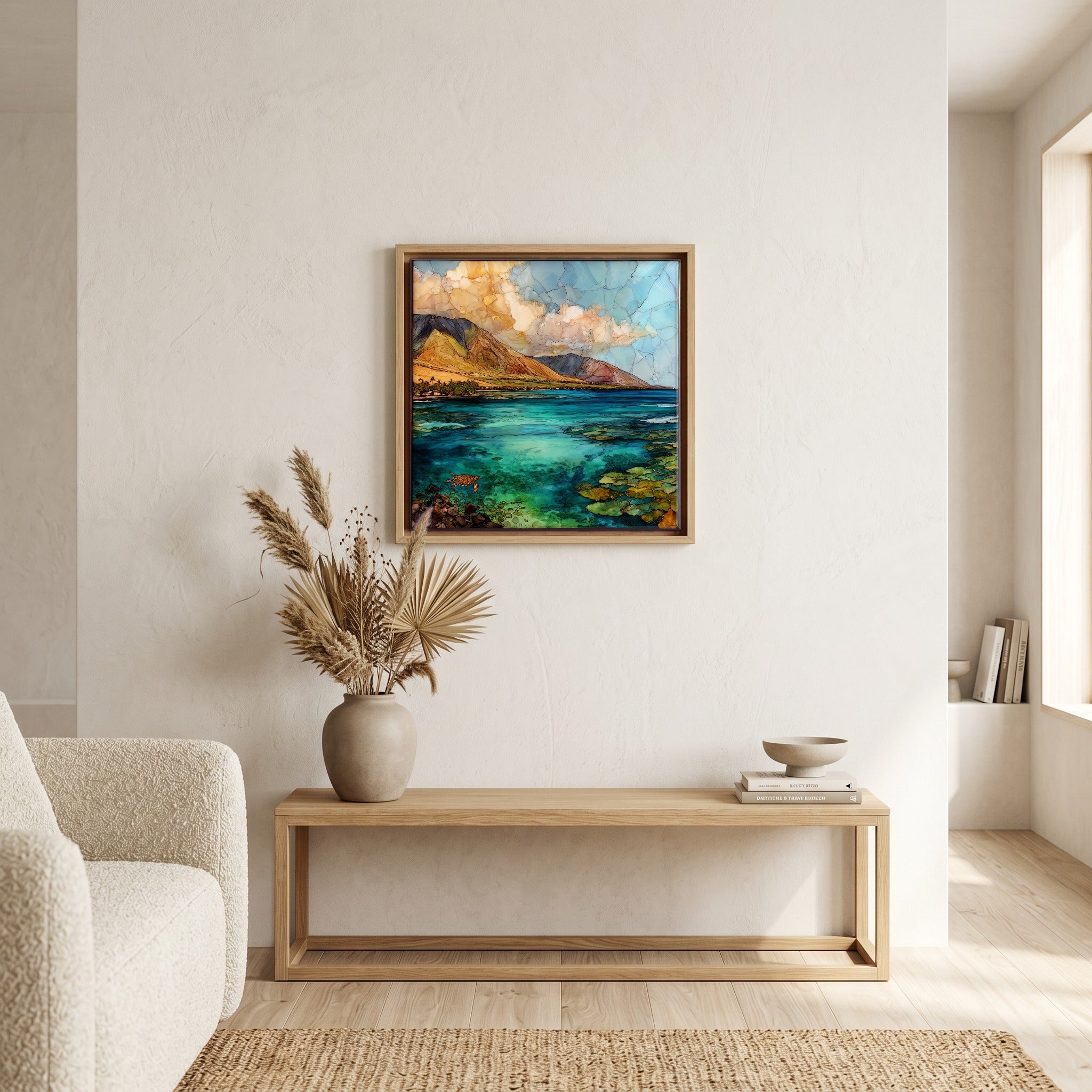 Above the bench, in a warm oak surround.