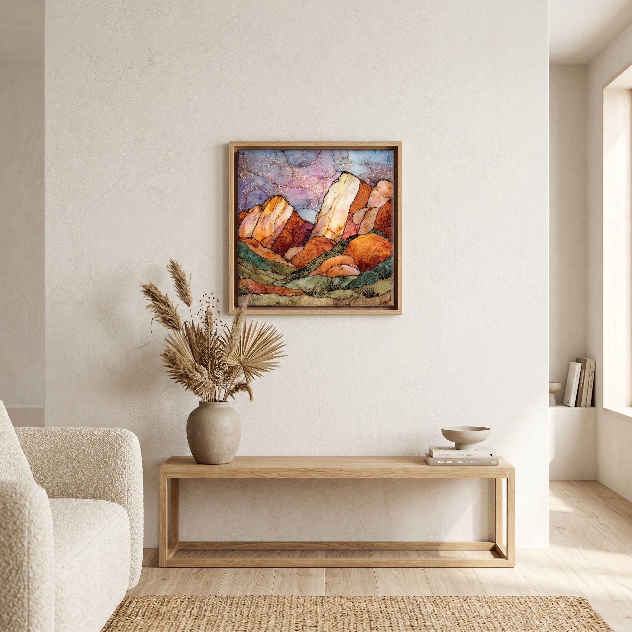 In the living room, above the sofa.