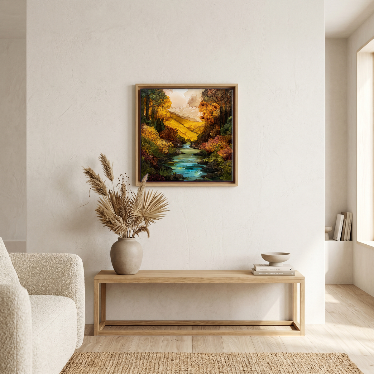 Above the bench, in a warm oak surround.