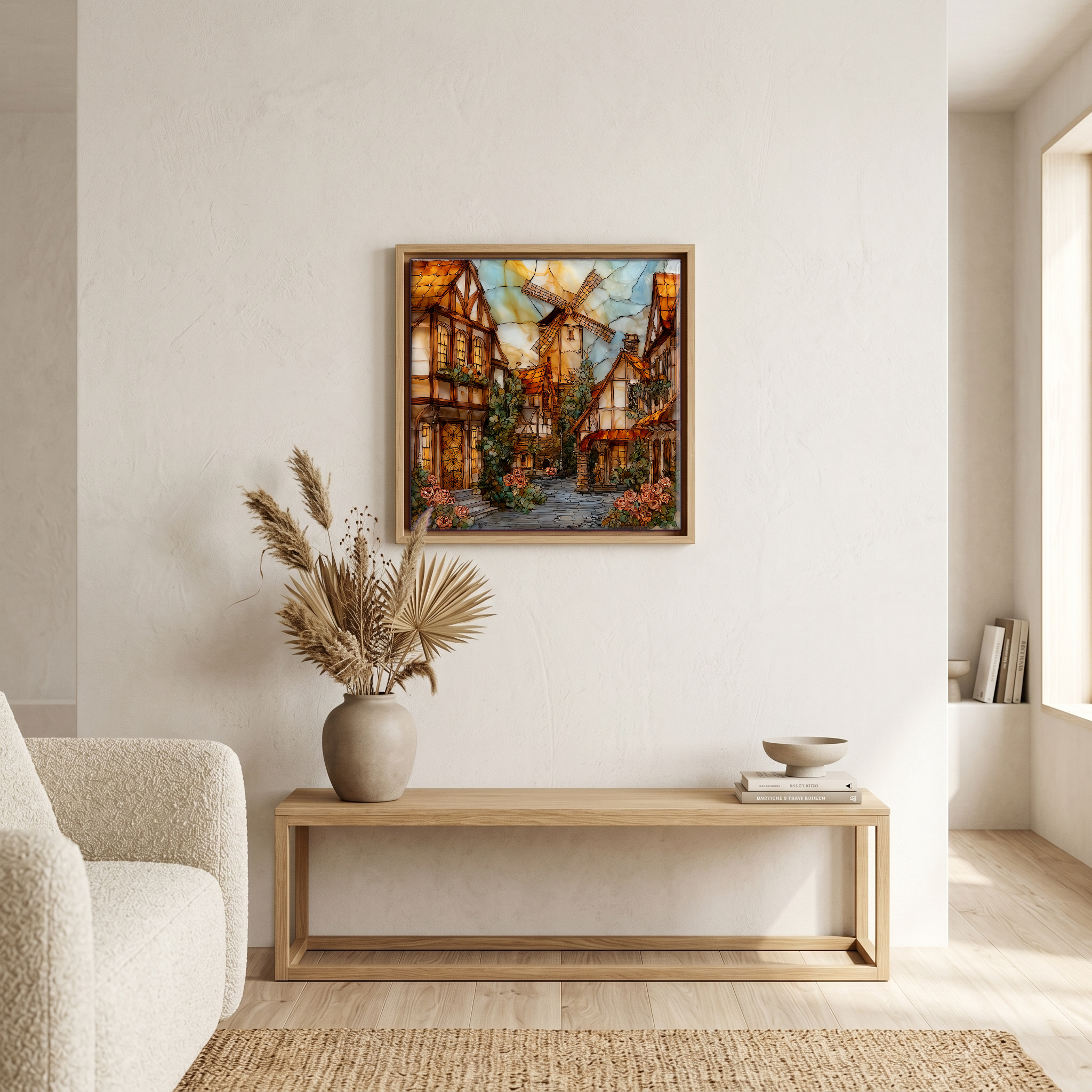 Above the bench, in a warm oak surround.