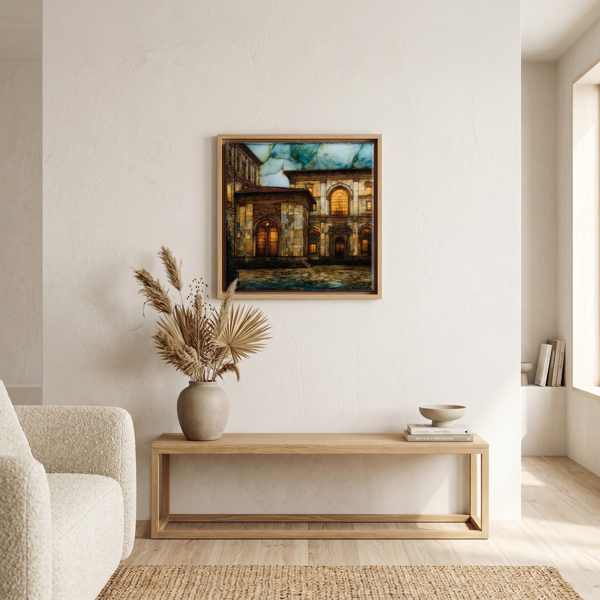 Above the bench, in a warm oak surround.
