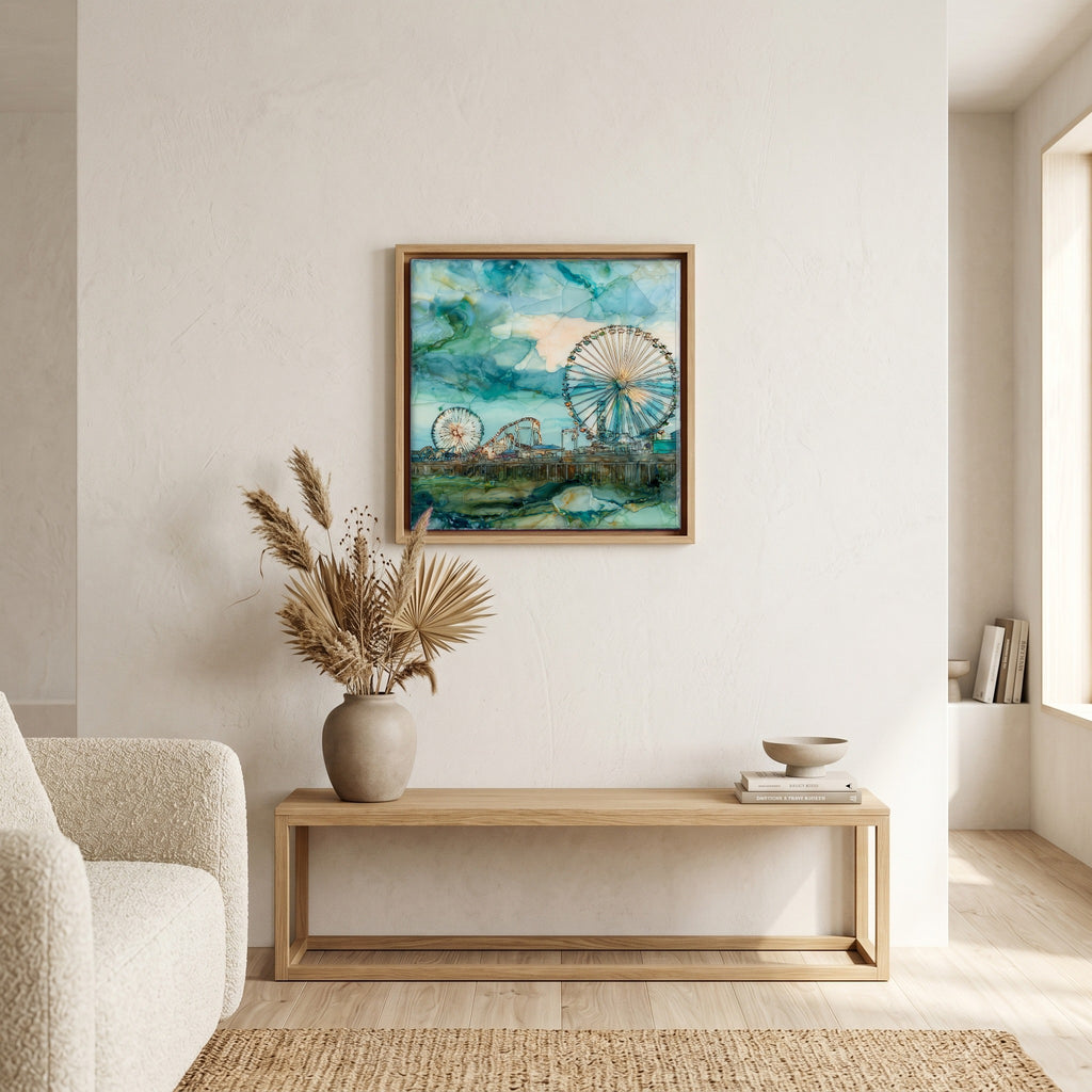 In the living room, above the sofa.