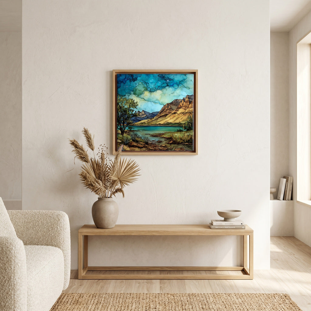 In the living room, above the sofa.