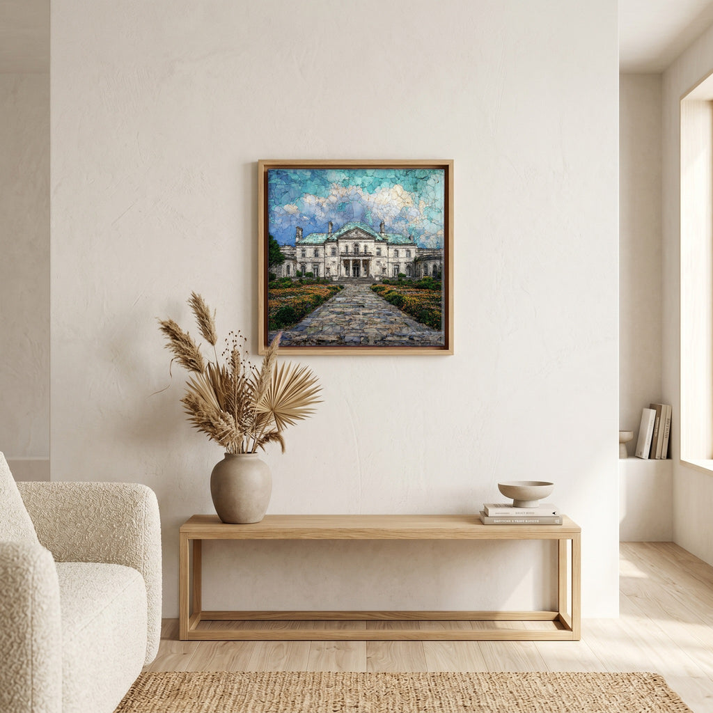 In the living room, above the sofa.