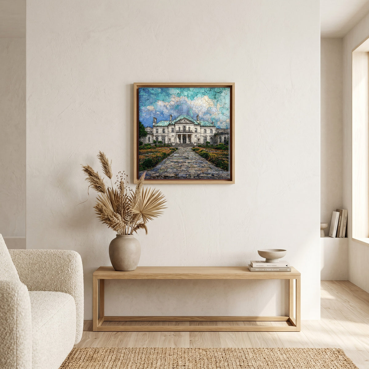 In the living room, above the sofa.