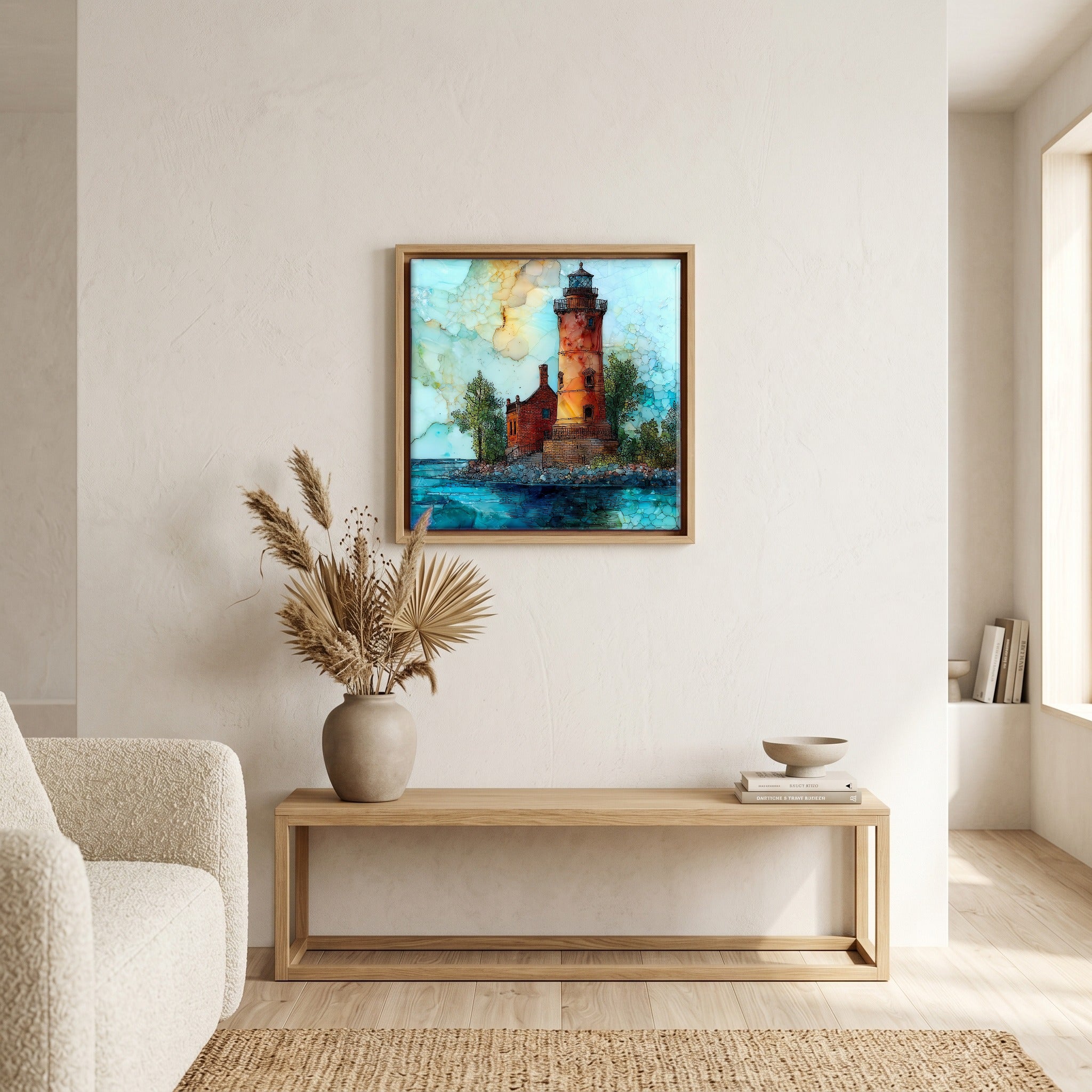 In the living room, above the sofa.