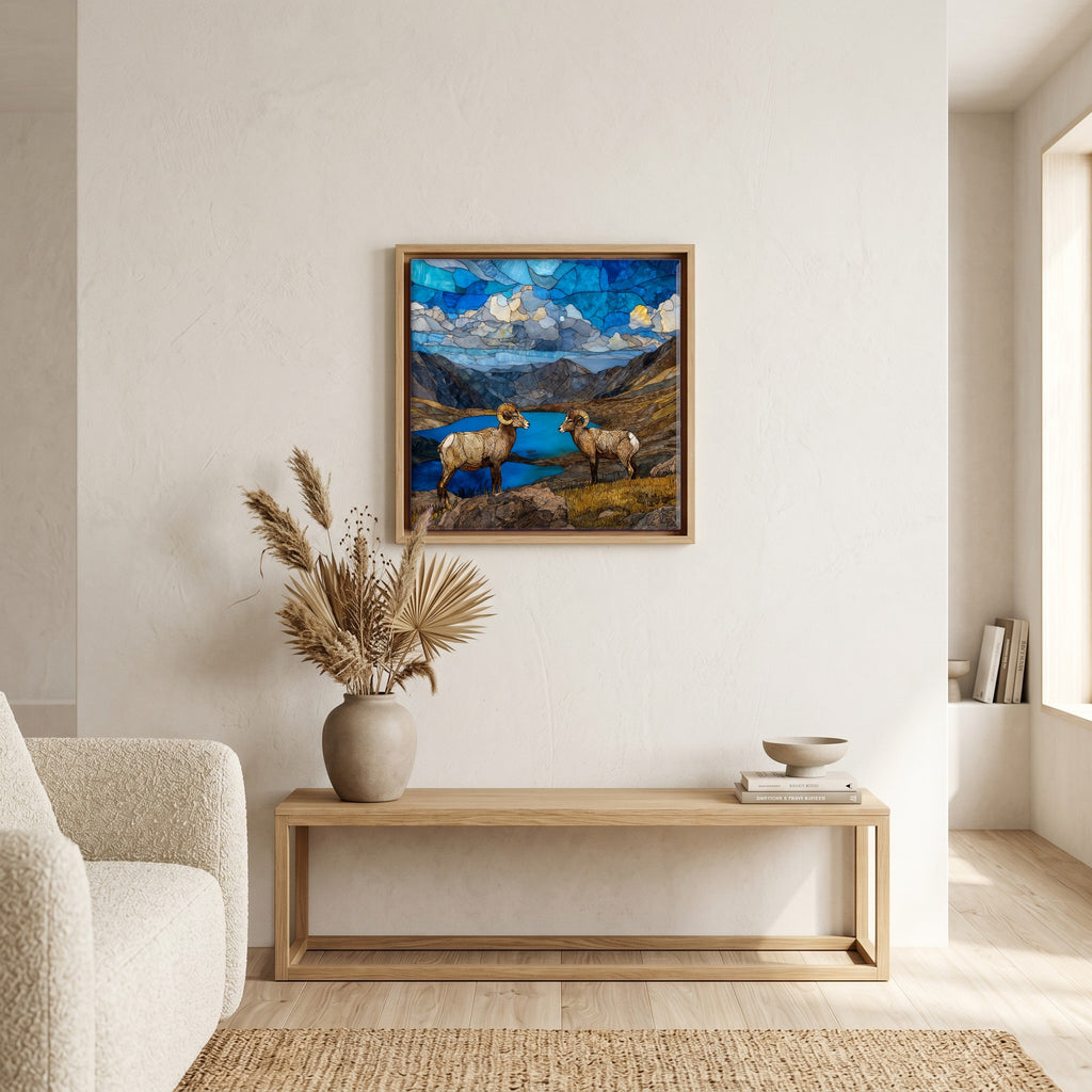 In the living room, above the sofa.