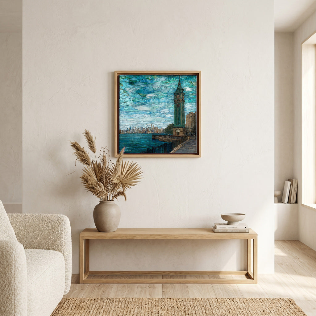 In the living room, above the sofa.
