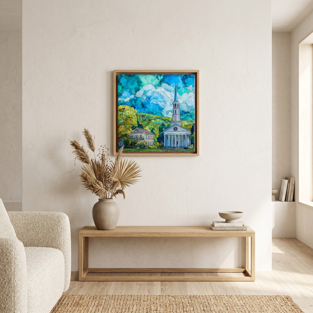 In the living room, above the sofa.