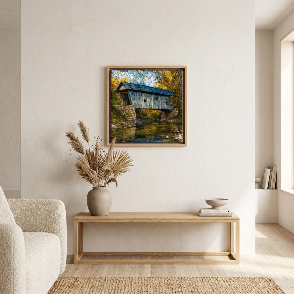 In the living room, above the sofa.