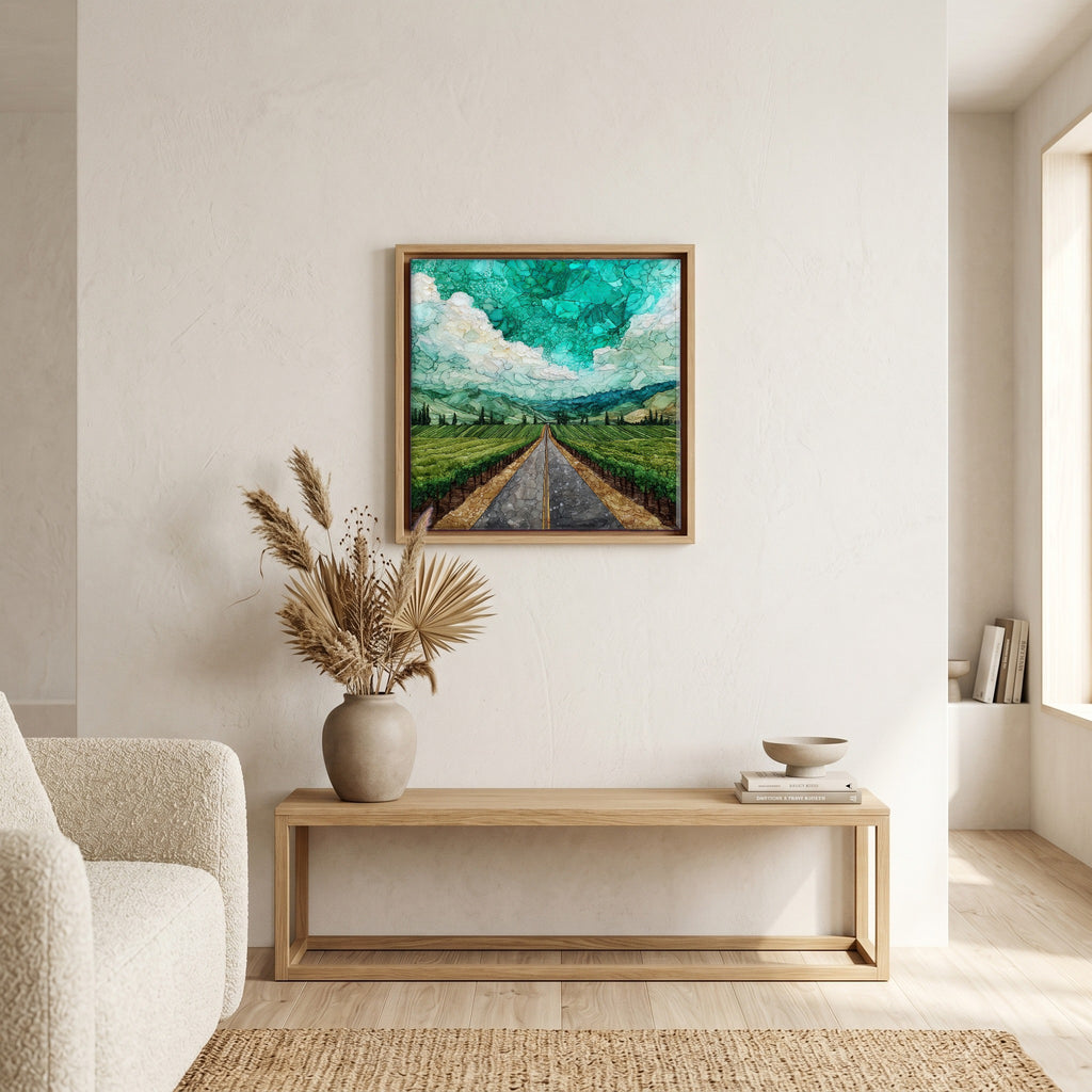 In the living room, above the sofa.