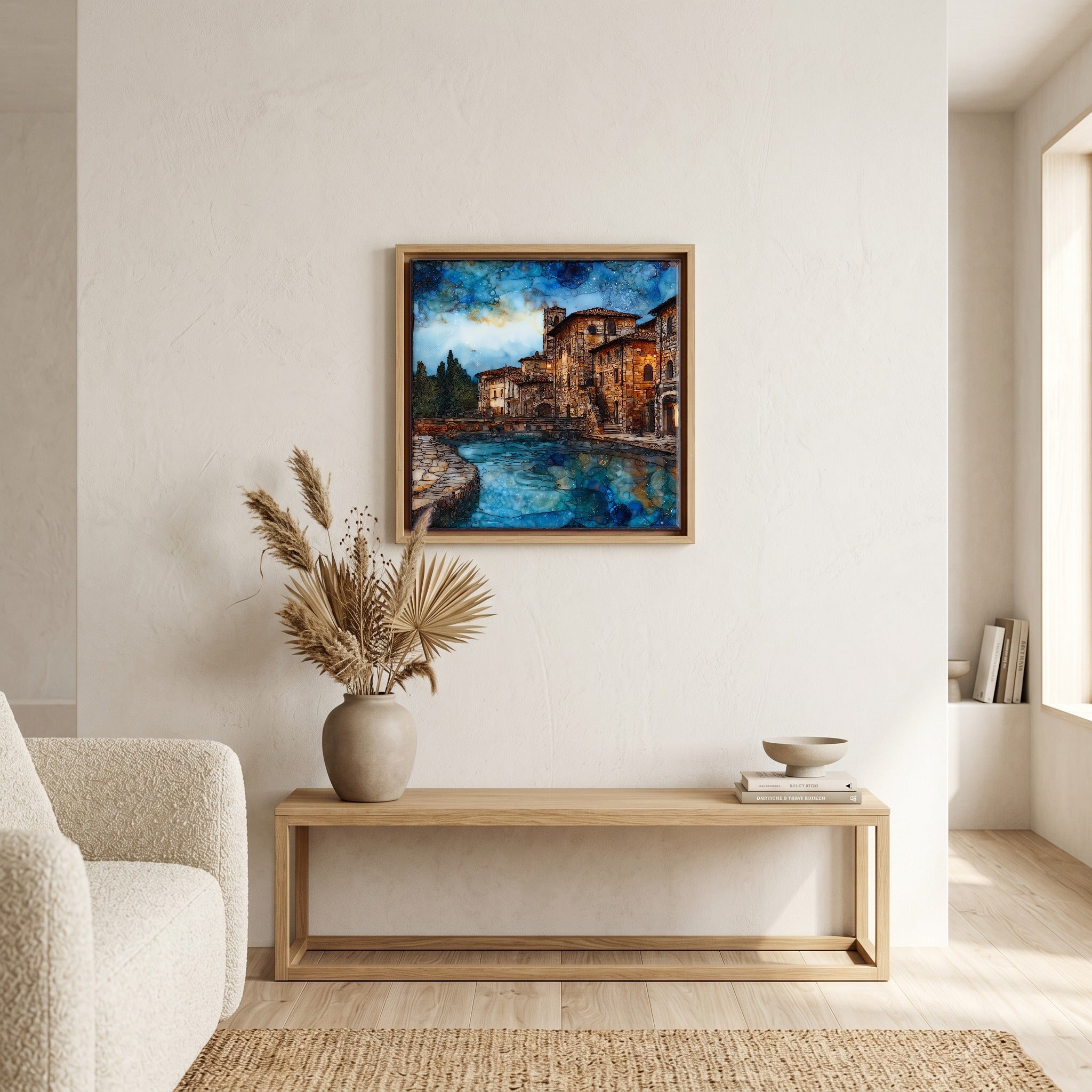 Above the bench, in a warm oak surround.