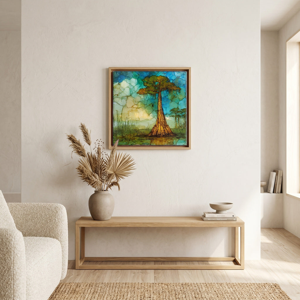 In the living room, above the sofa.