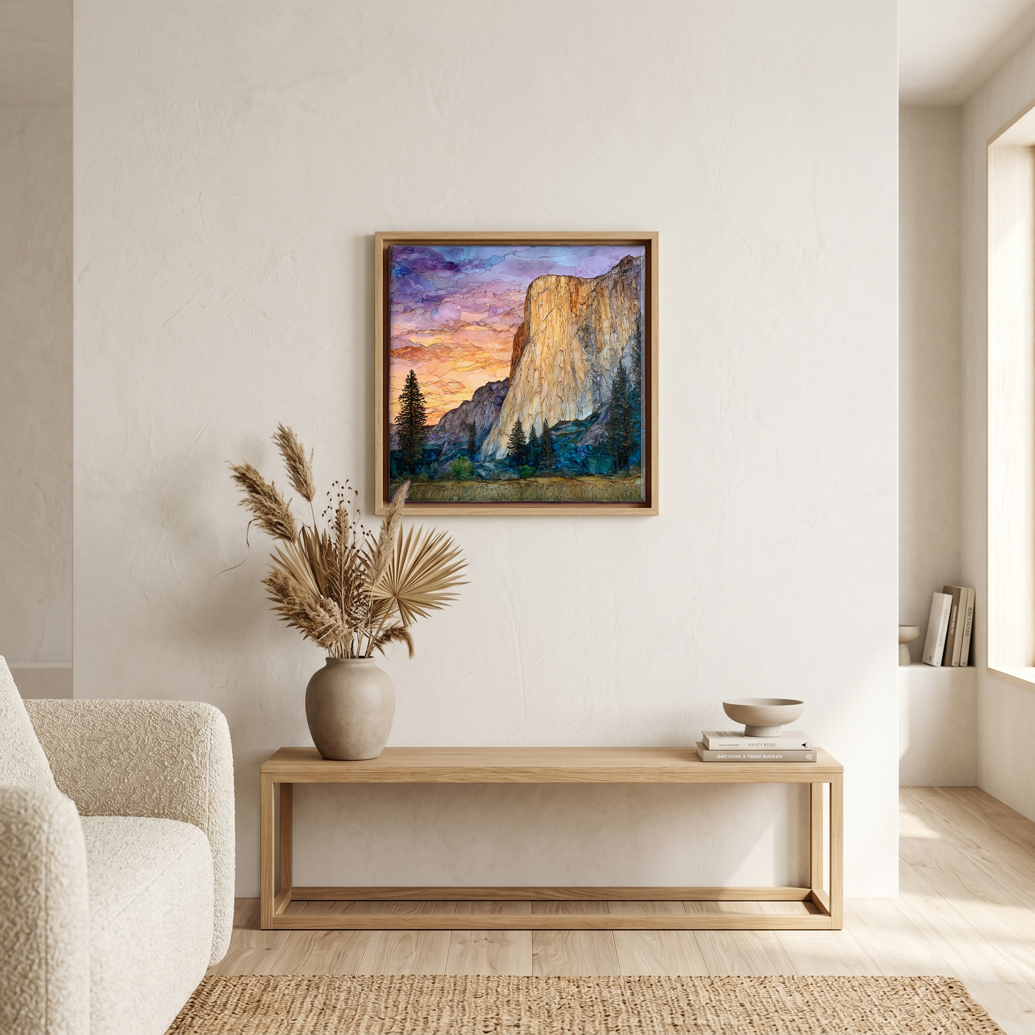 Above the bench, in a warm oak surround.
