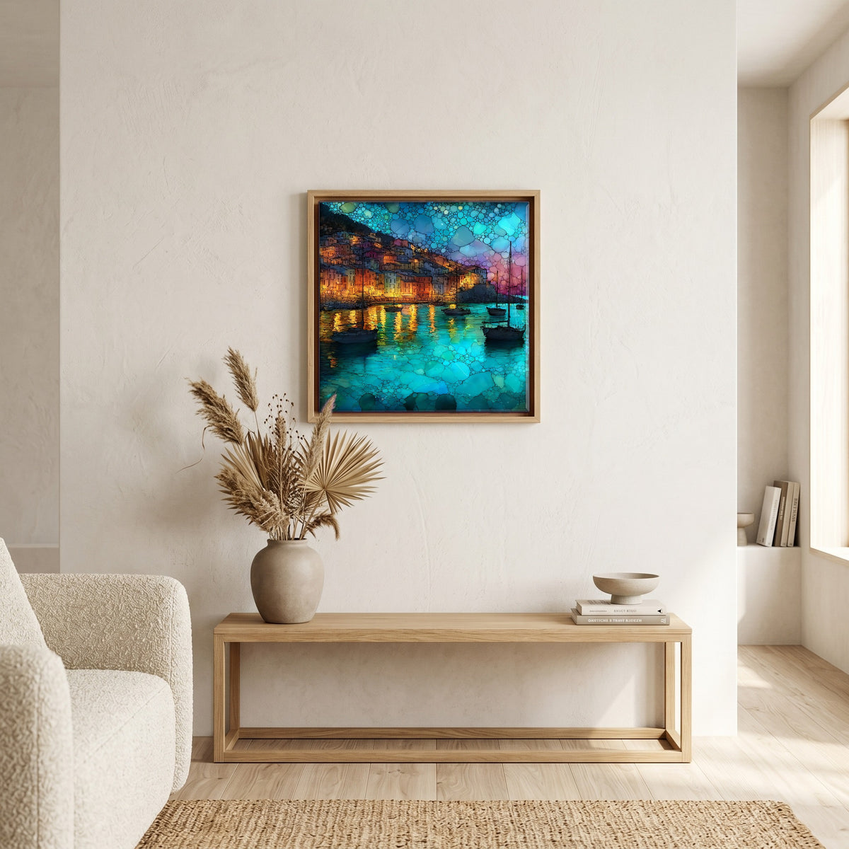 Above the bench, in a warm oak surround.