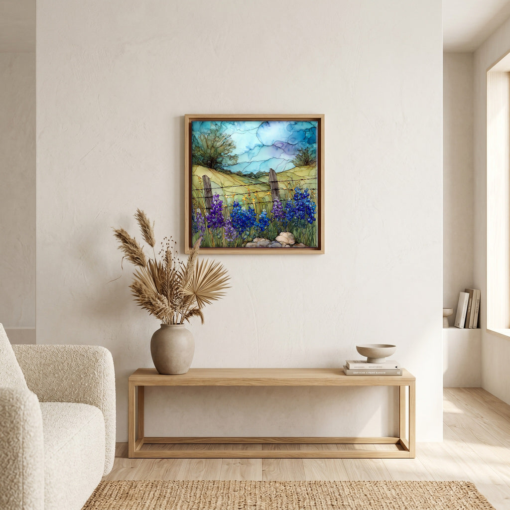 In the living room, above the sofa.