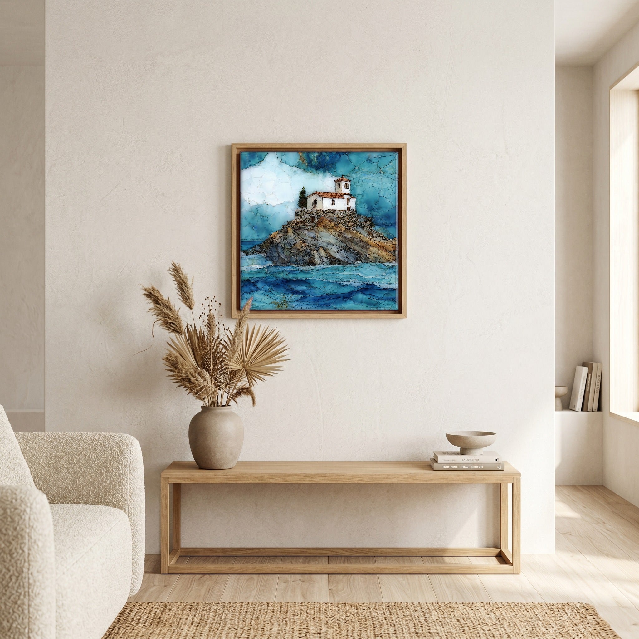 In the living room, above the sofa.