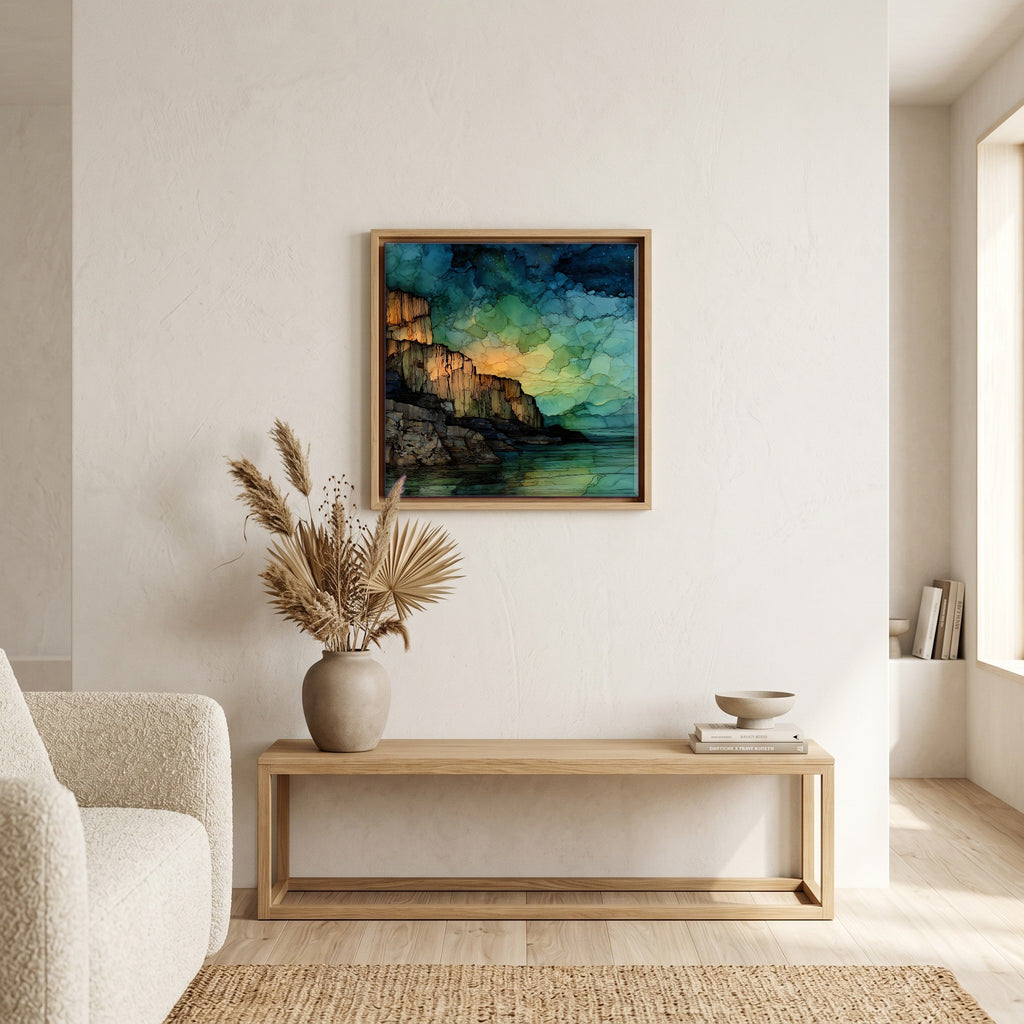 In the living room, above the sofa.