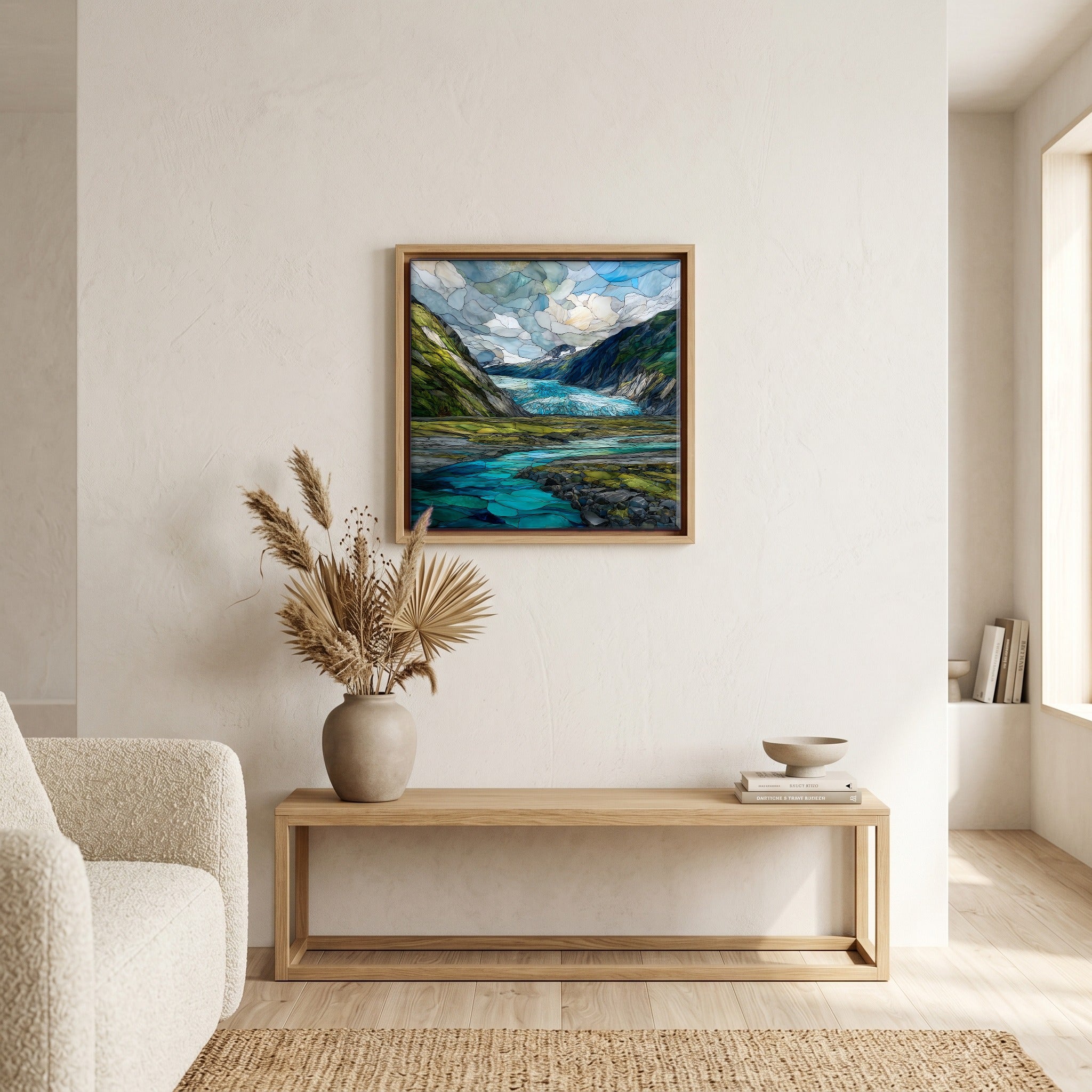 In the living room, above the sofa.
