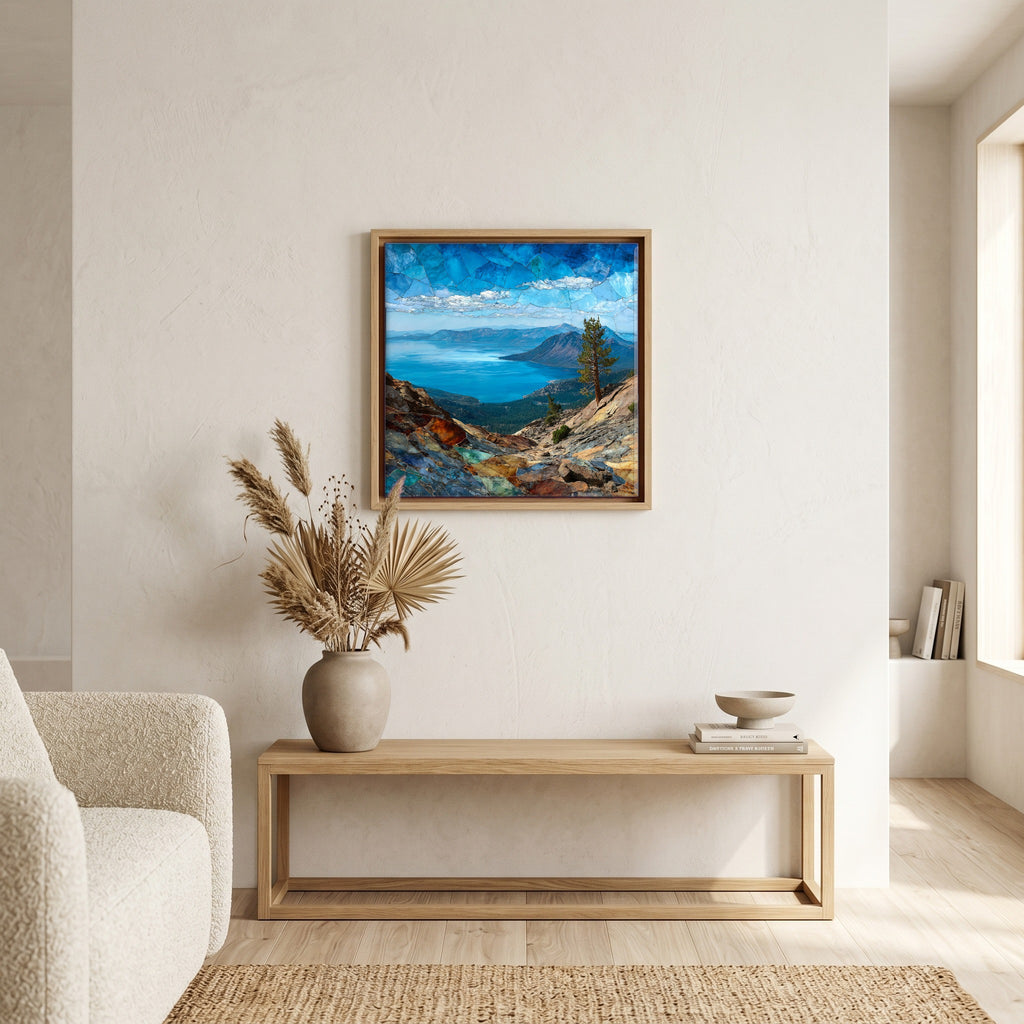 In the living room, above the sofa.