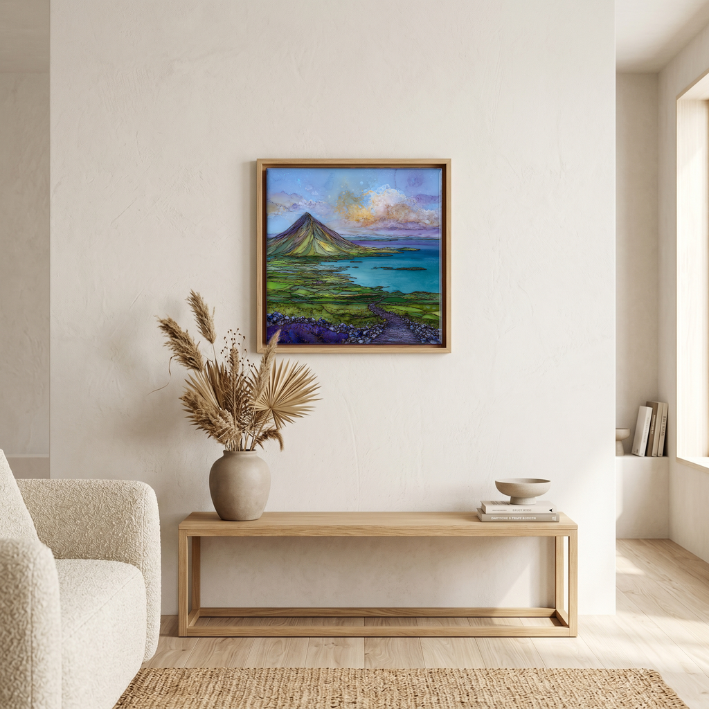 Above the bench, in a warm oak surround.