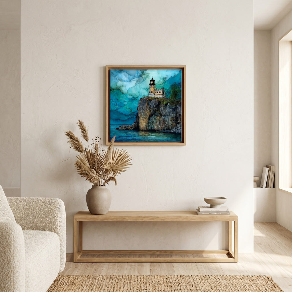 In the living room, above the sofa.