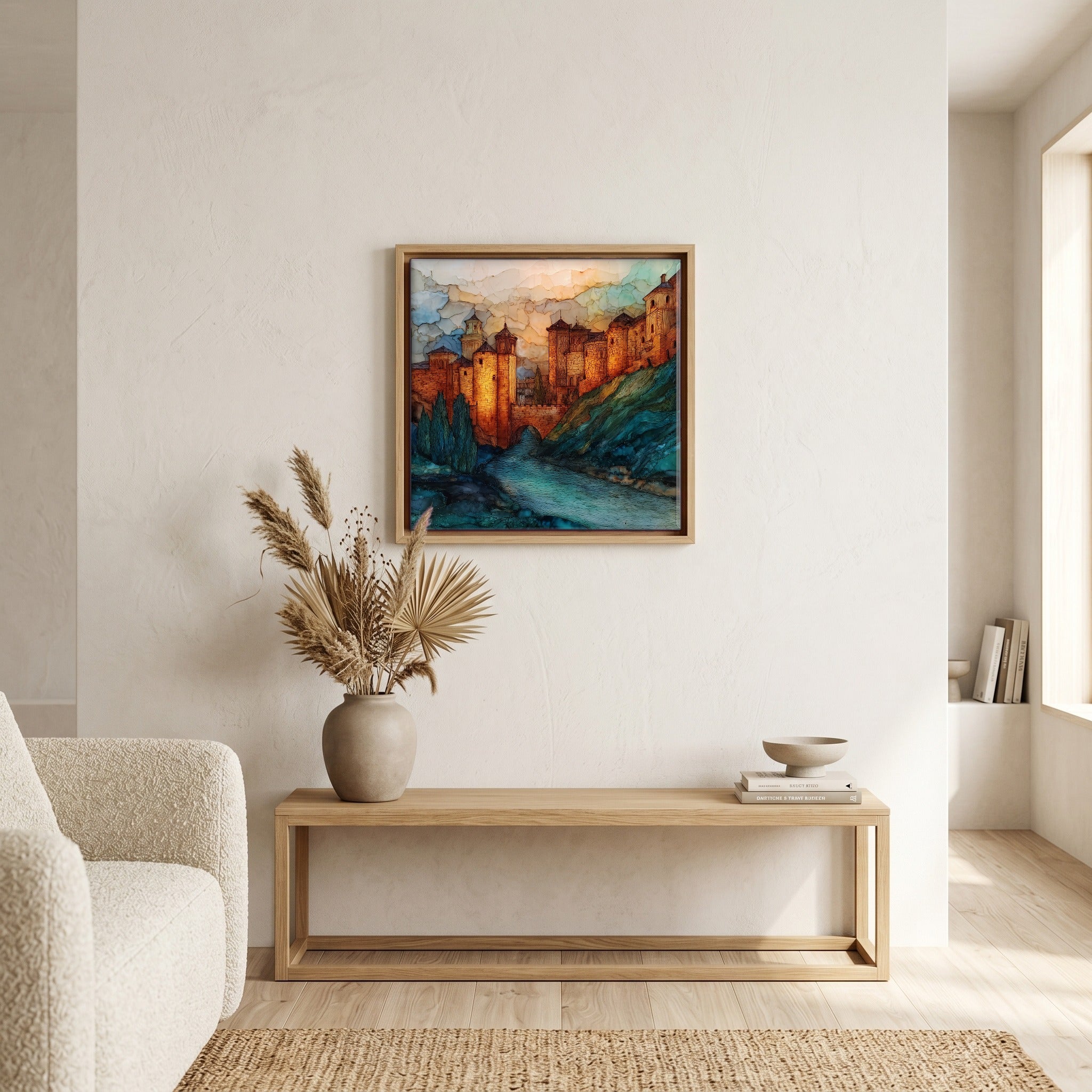 In the living room, above the sofa.