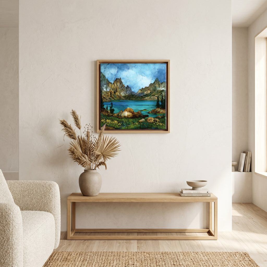 In the living room, above the sofa.
